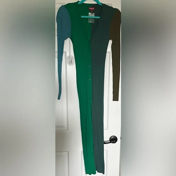‼️RARE‼️🎸STAUD🎸🔥NWT🔥 "Shoko" ribbed colorblock sweater dress in Fern— Size S - Picture 3 of 11